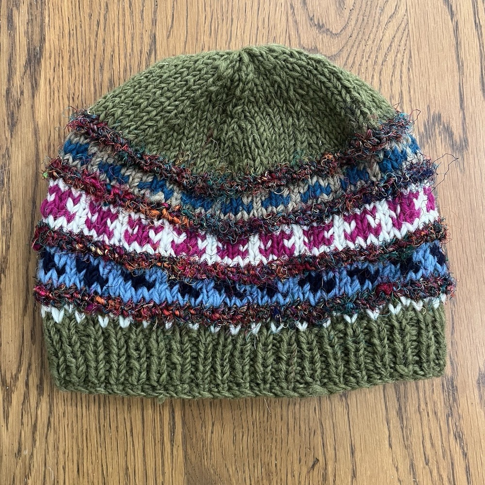Nepal Wool Beanie Hat Knit Olive Green Fleece Lined One Size Unisex